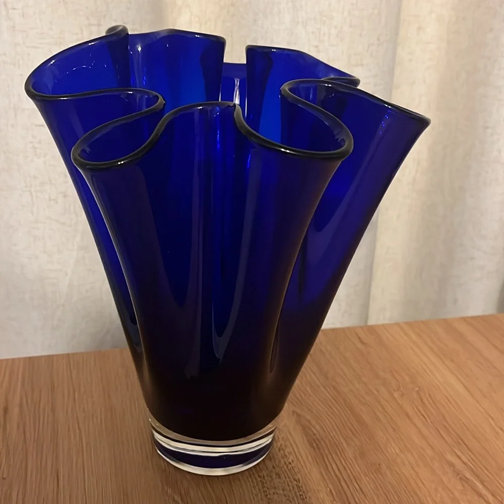 Vintage Hand Blown Handkerchief Ruffled Cobalt Blue Vase MCM Style